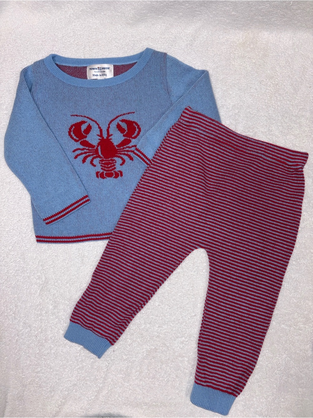 Town pride Blue Top with Red Lobster & Red-Striped Pants Kid unisex sex 18m